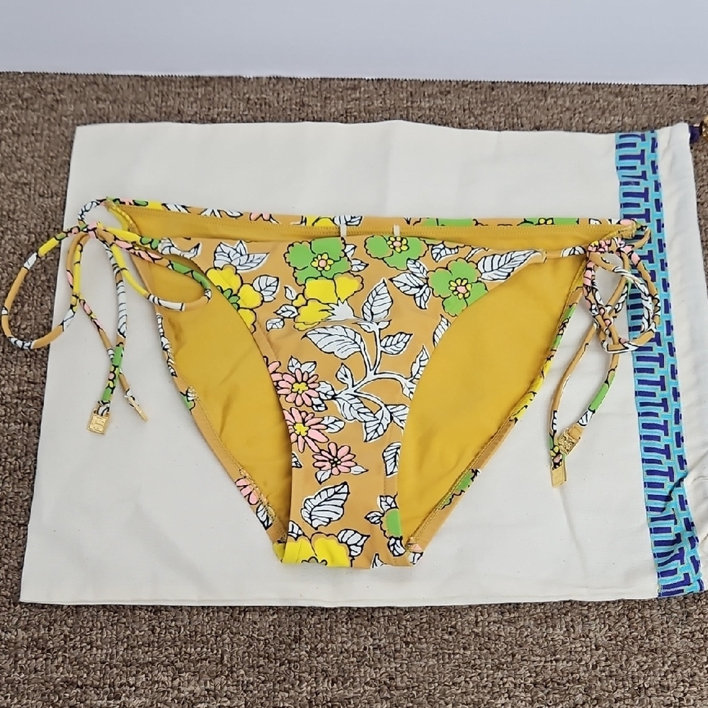 Tory Burch Floral Bikini Bottom Tie Sides Gold Logos Sz Small Womens